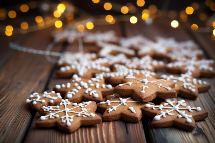 A photo of gingerbread cookies hanging from a wooden background,