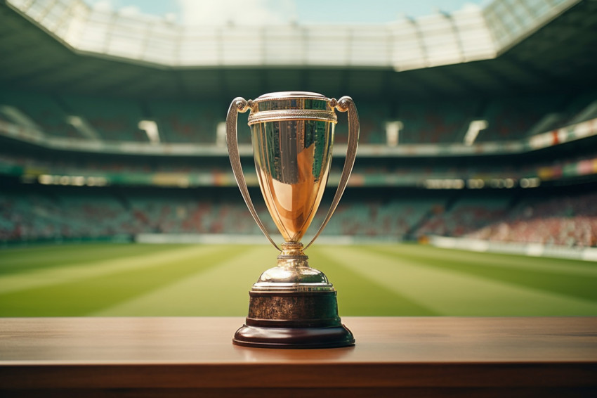 A cricket prize on a table in the empty stadium