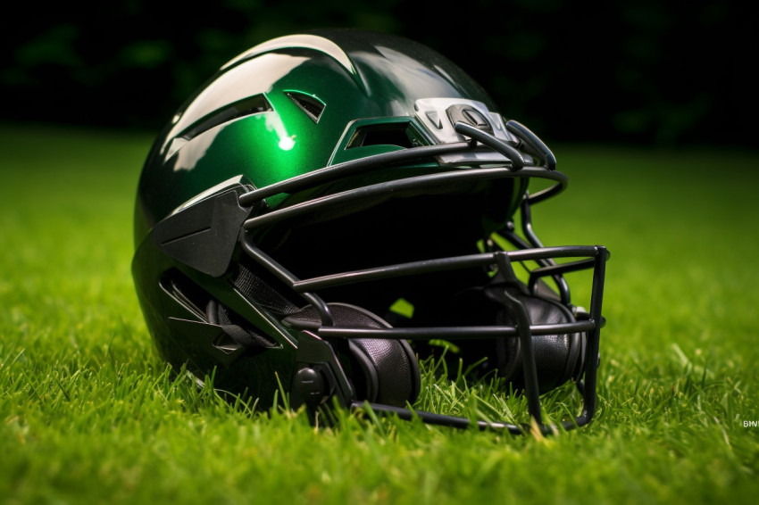 A cricket helmet seen from below, sitting on a green grass playg