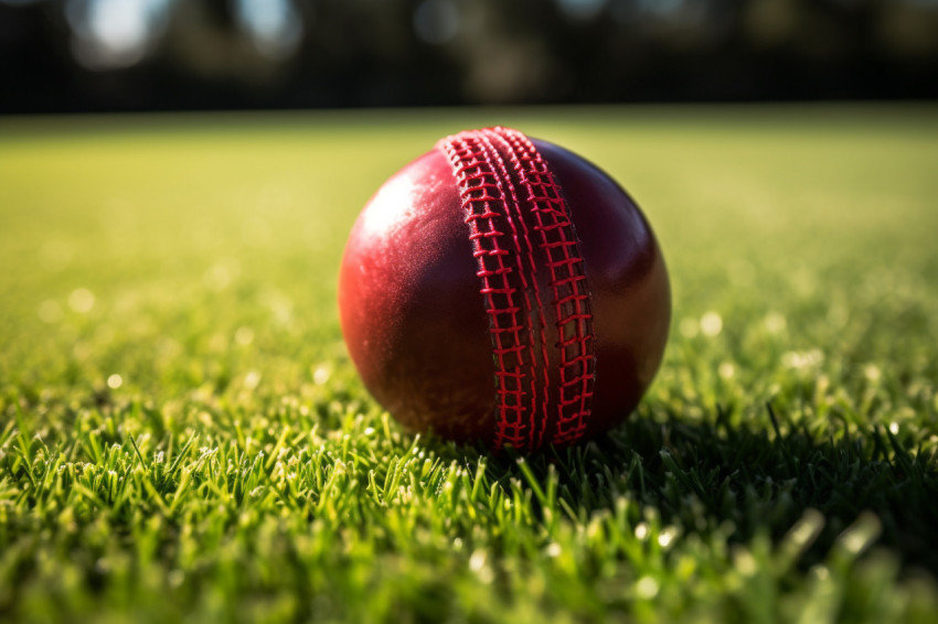 A close up photo of a red cricket ball sitting on a green grass