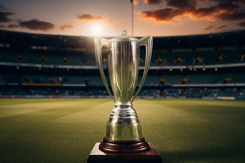 A cricket prize on a table in the empty stadium