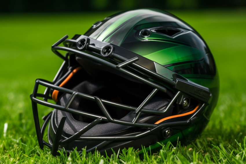 A cricket helmet seen from below, sitting on a green grass playg