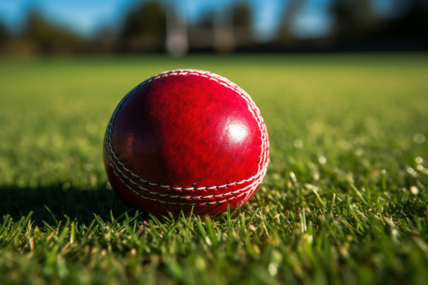 A close up photo of a red cricket ball sitting on a green grass