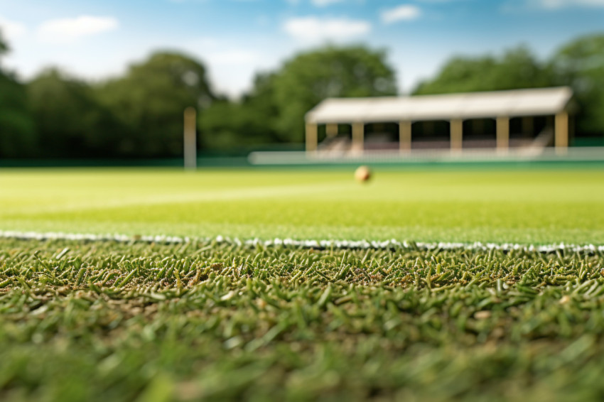 A cricket field with green grass and white boundary lines