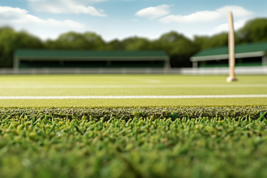 A cricket field with green grass and white boundary lines