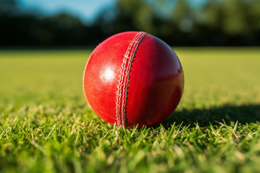 A close up photo of a red cricket ball sitting on a green grass