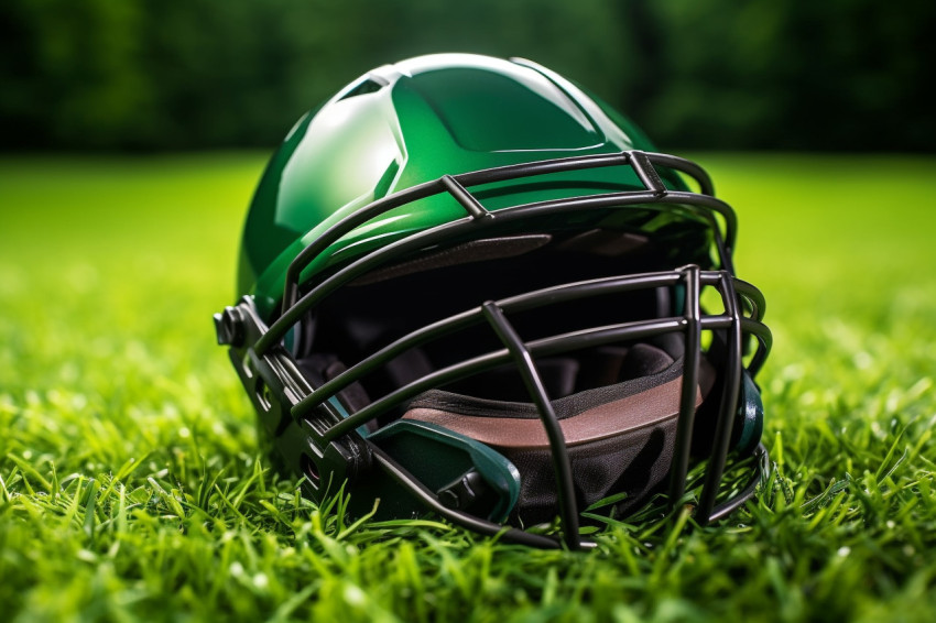 A cricket helmet seen from below, sitting on a green grass playg