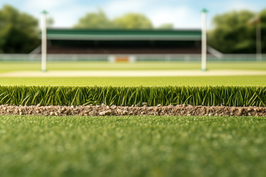 A cricket field with green grass and white boundary lines