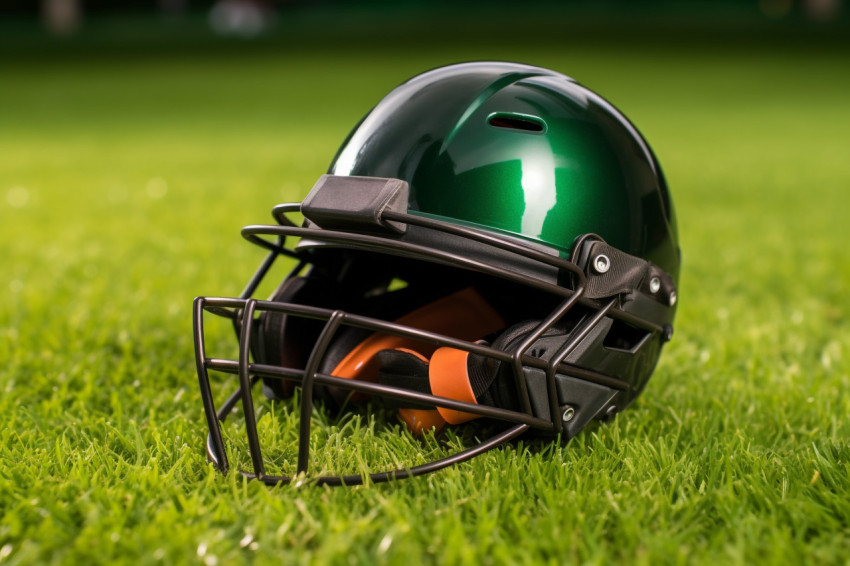 A cricket helmet seen from below, sitting on a green grass playg