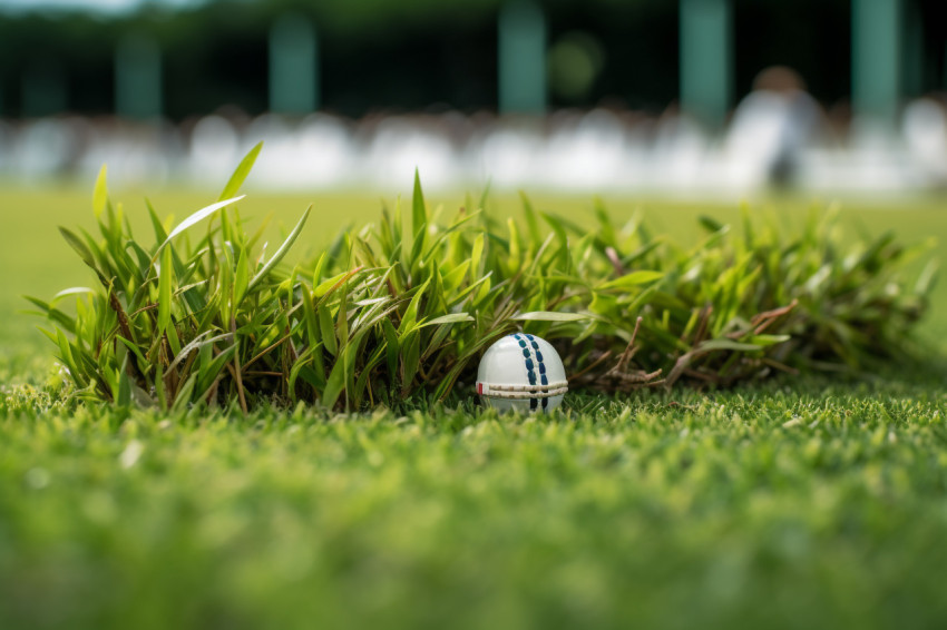 A cricket field with green grass and white boundary lines