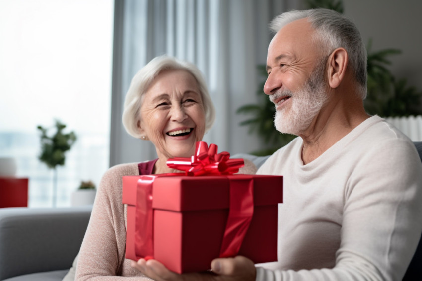 Picture of a happy old woman with a gift box sitting next to a m