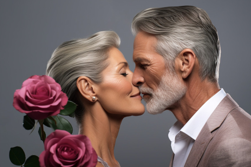 A beautiful couple kisses behind roses on a gray background