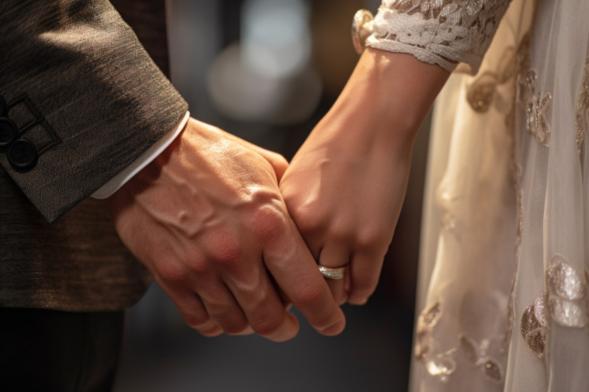 A picture of a bride and groom holding hands