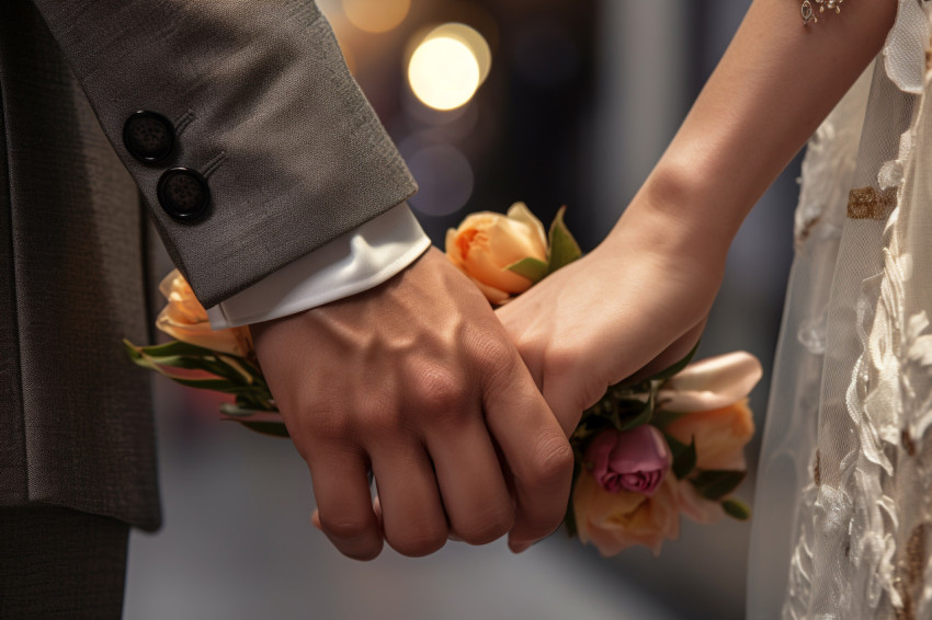 A picture of a bride and groom holding hands