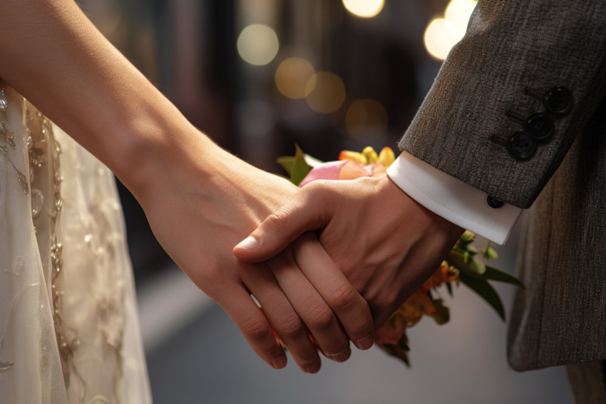 A picture of a bride and groom holding hands