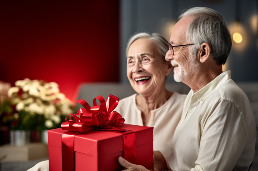 Picture of a happy old woman with a gift box sitting next to a m