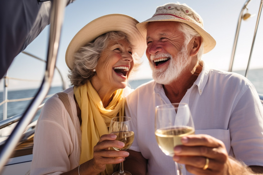 Picture of an older couple raising glasses on a sailing holiday.