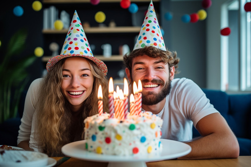 A full length photo of a happy young couple wearing party hats a