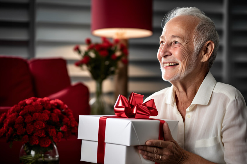 Picture of a happy old woman with a gift box sitting next to a m