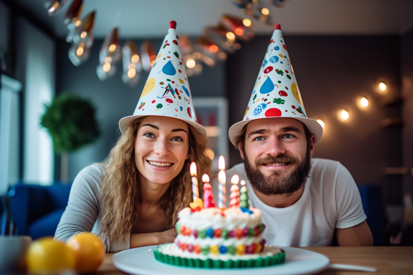 A full length photo of a happy young couple wearing party hats a