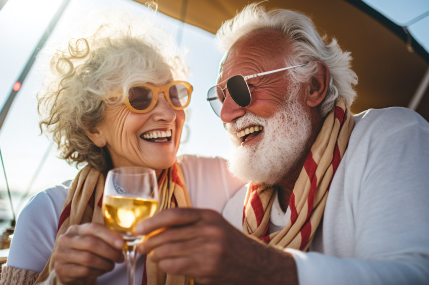 Picture of an older couple raising glasses on a sailing holiday.