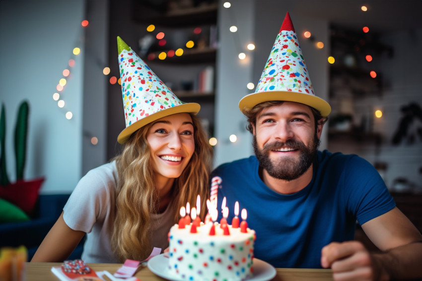 A full length photo of a happy young couple wearing party hats a