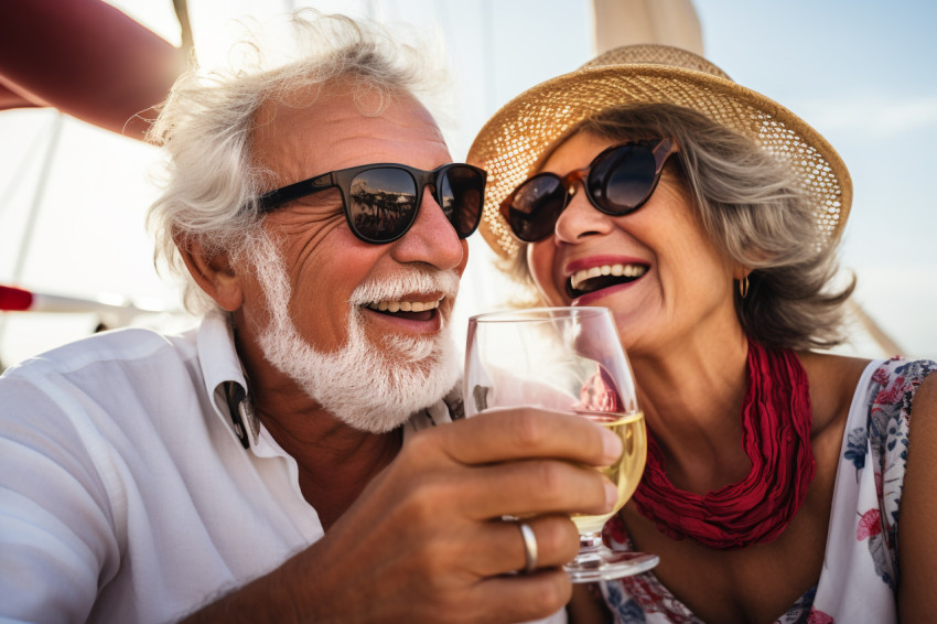 Picture of an older couple raising glasses on a sailing holiday.