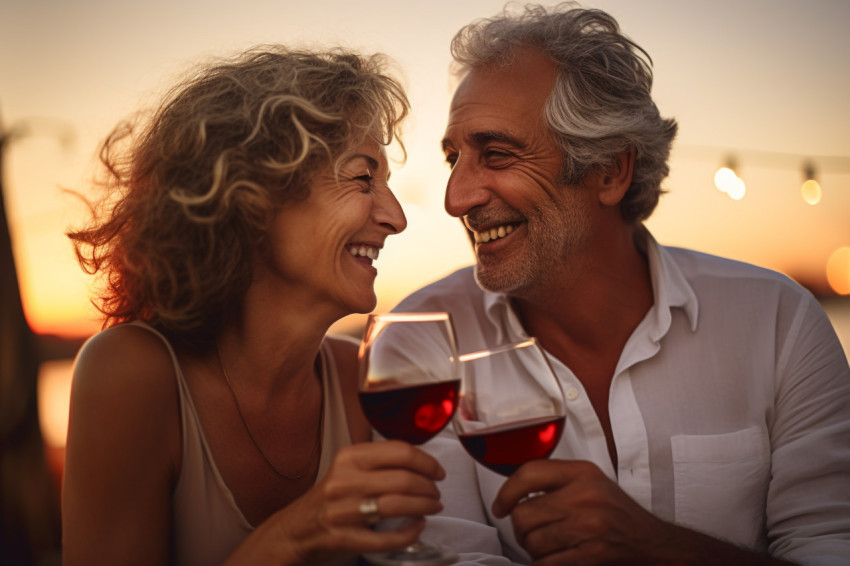 A picture of an older couple in love having a drink on the beach