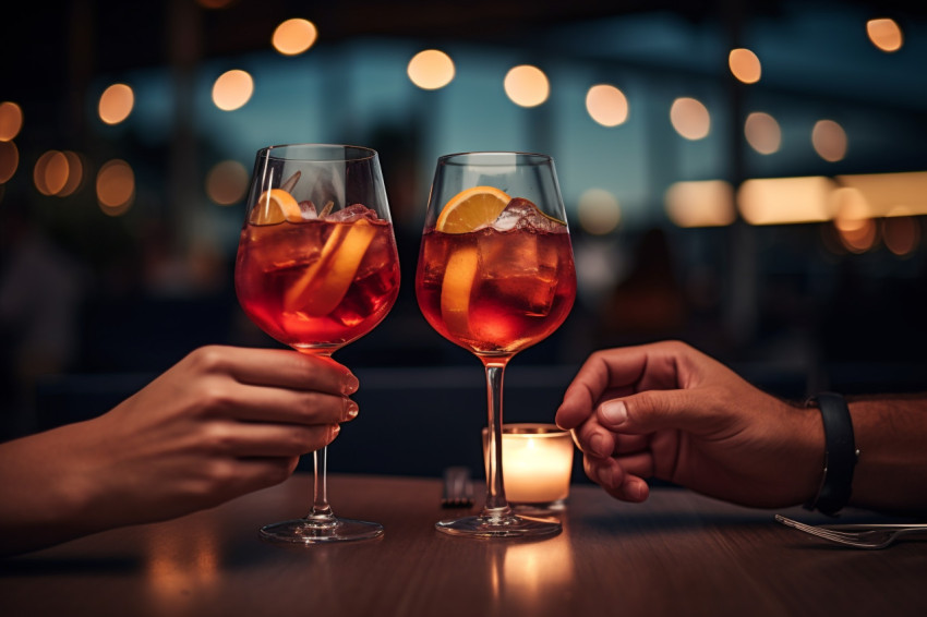 A close up photo of a couples hands on a restaurant table with t