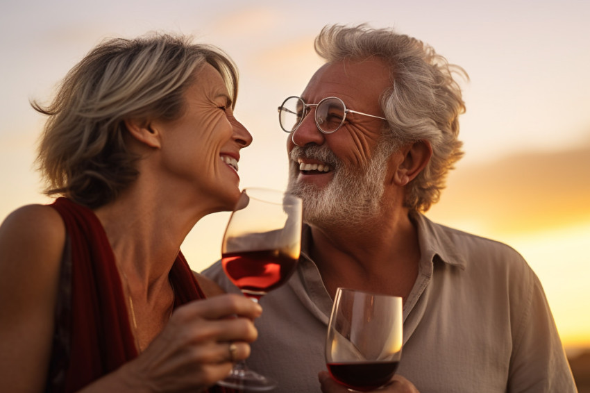 A picture of an older couple in love having a drink on the beach