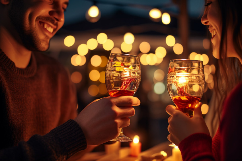 A picture of a man and woman clinking glasses outside under a li