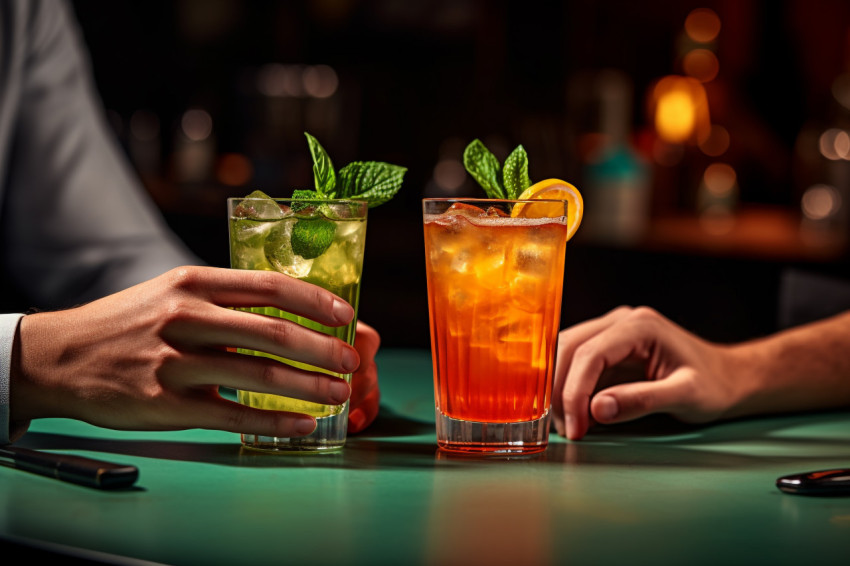 A close up photo of a couples hands on a restaurant table with t