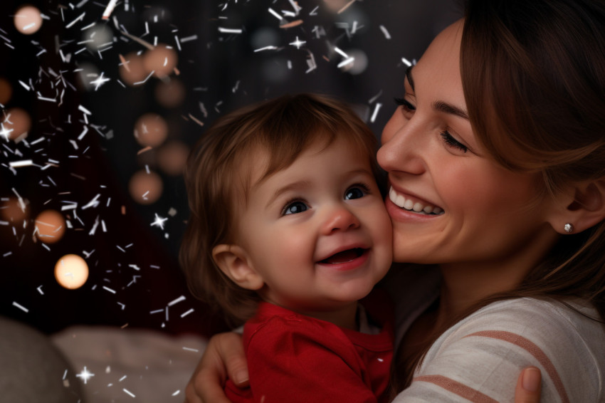 A photo of a mother and her baby celebrating New Year at home