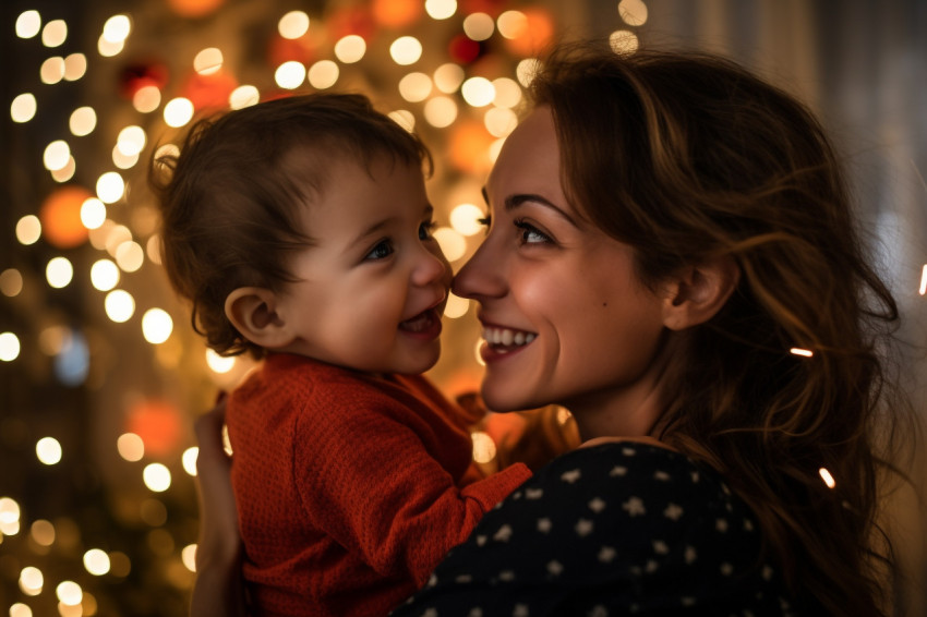 A photo of a mother and her baby celebrating New Year at home