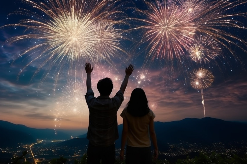 Men and women stand together to watch the beautiful fireworks an