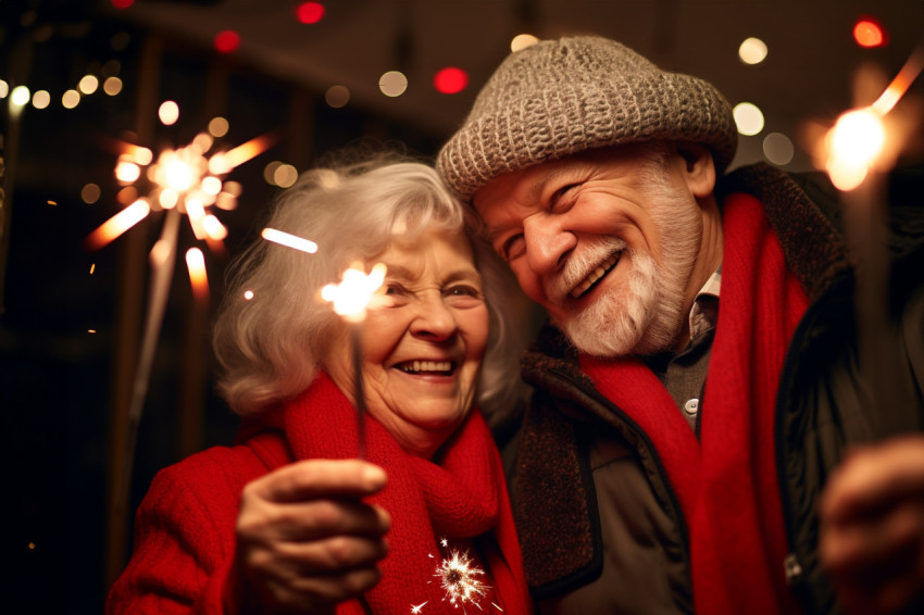 An elderly couple celebrating the new year with sparklers