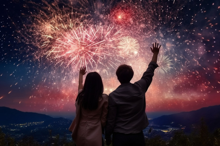 Men and women stand together to watch the beautiful fireworks an