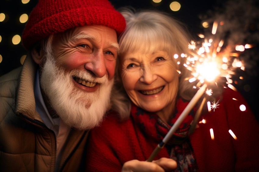 An elderly couple celebrating the new year with sparklers