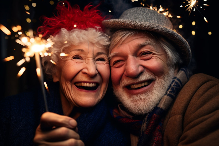 An elderly couple celebrating the new year with sparklers