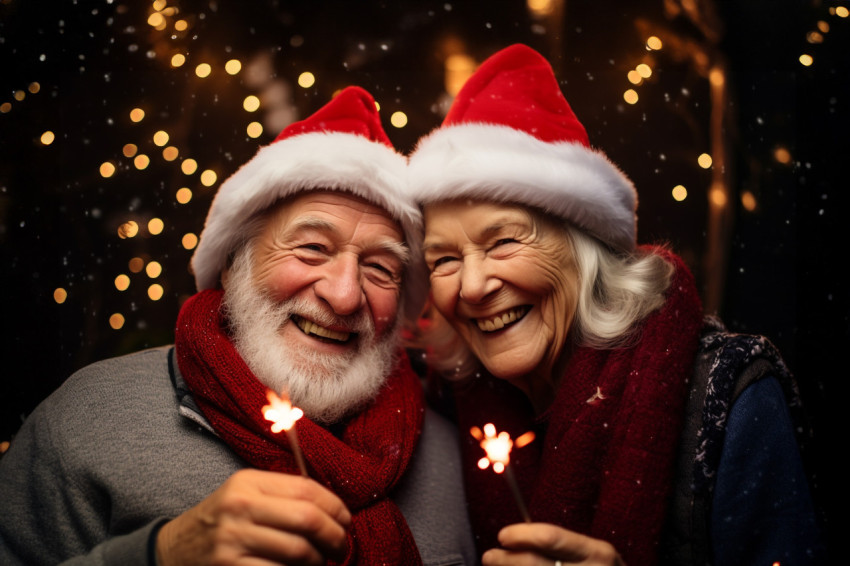 An elderly couple celebrating the new year with sparklers