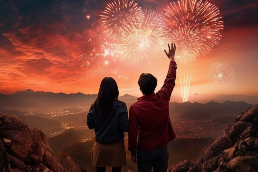 Men and women stand together to watch the beautiful fireworks an