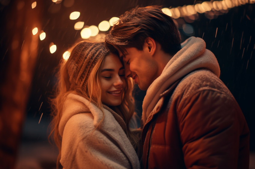 A photo of a young couple having fun outdoors in winter before C