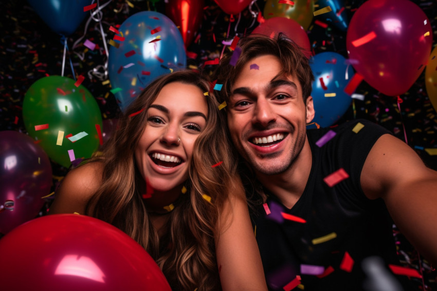 A picture of a happy couple celebrating New Years with balloons