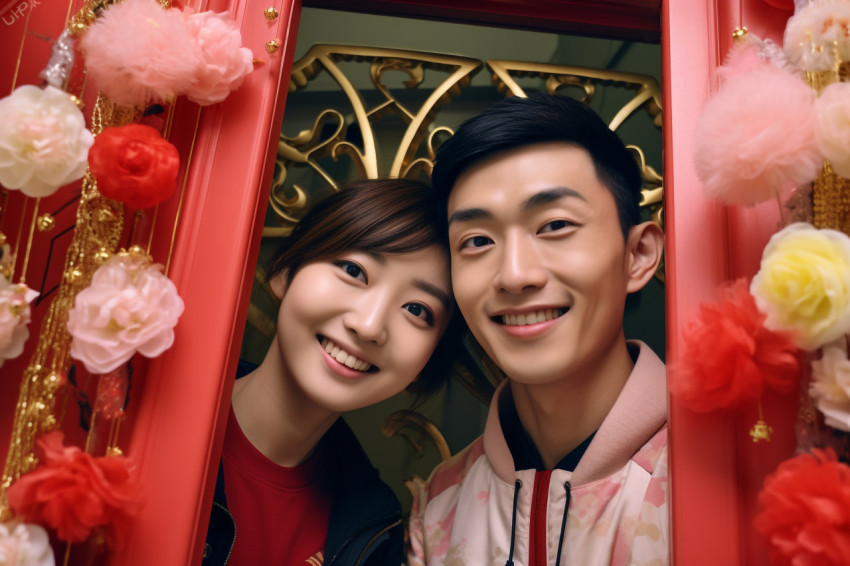 A photo of a young Asian couple taking a selfie in front of thei