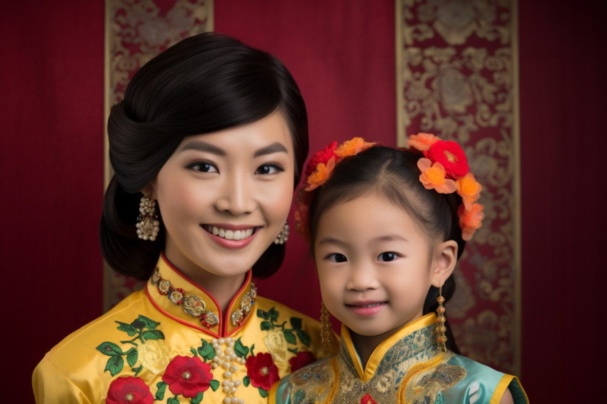 A photo of a smiling Asian woman and her daughter in traditional