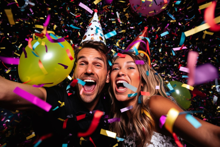 A picture of a happy couple celebrating New Years with balloons