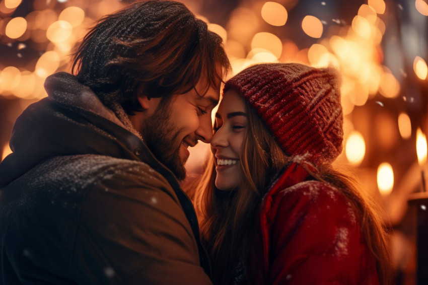 A photo of a young couple having fun outdoors in winter before C