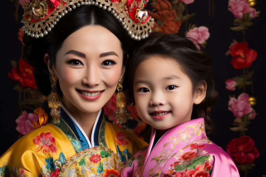 A photo of a smiling Asian woman and her daughter in traditional