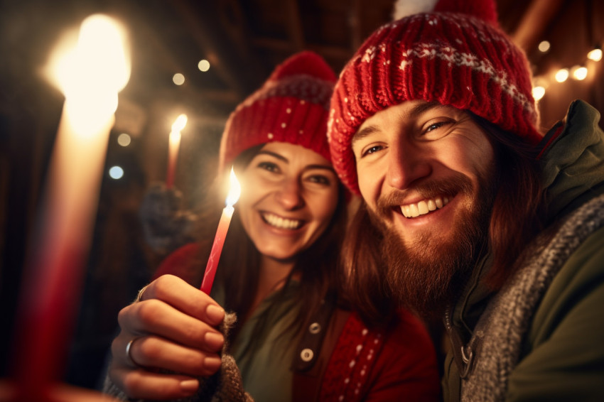 A happy couple wearing knitted hats and smiling at each other