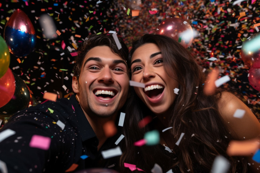 A picture of a happy couple celebrating New Years with balloons